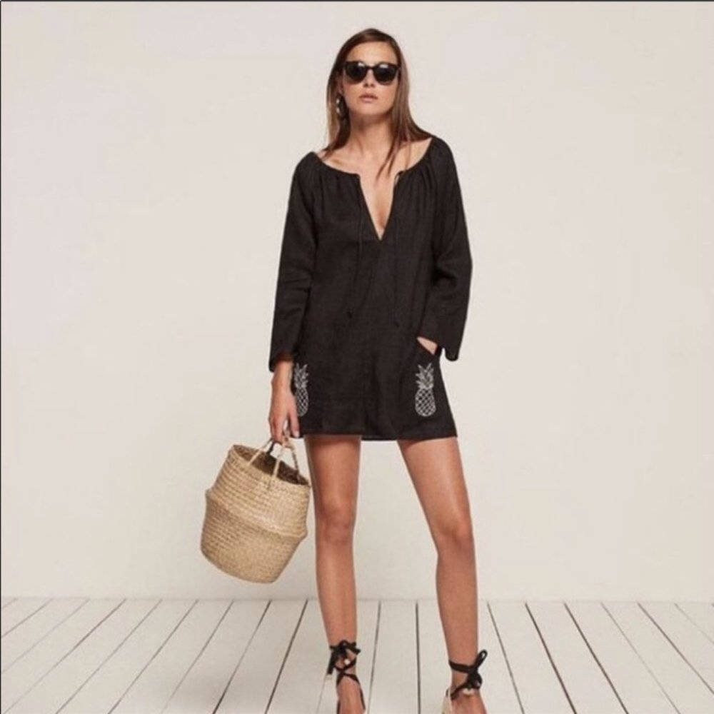 Reformation Black Linen Martina Pineapple Dress M